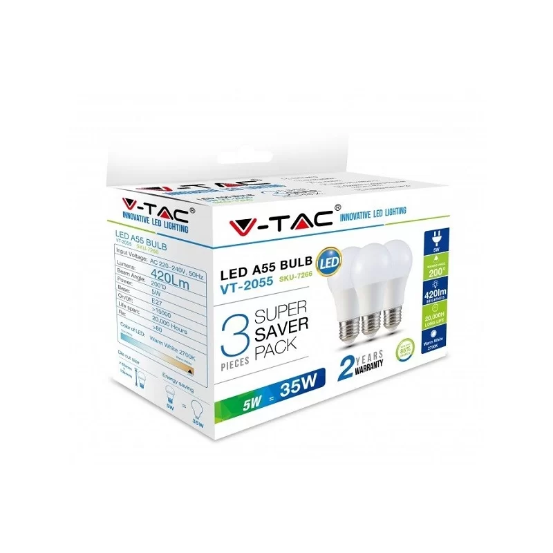 V-TAC VT-2055 SUPER SAVER PACK CONFEZIONE 3 LAMPADINE LED E27 5W BULB A55 - SKU 7266 / 7267 / 7268 