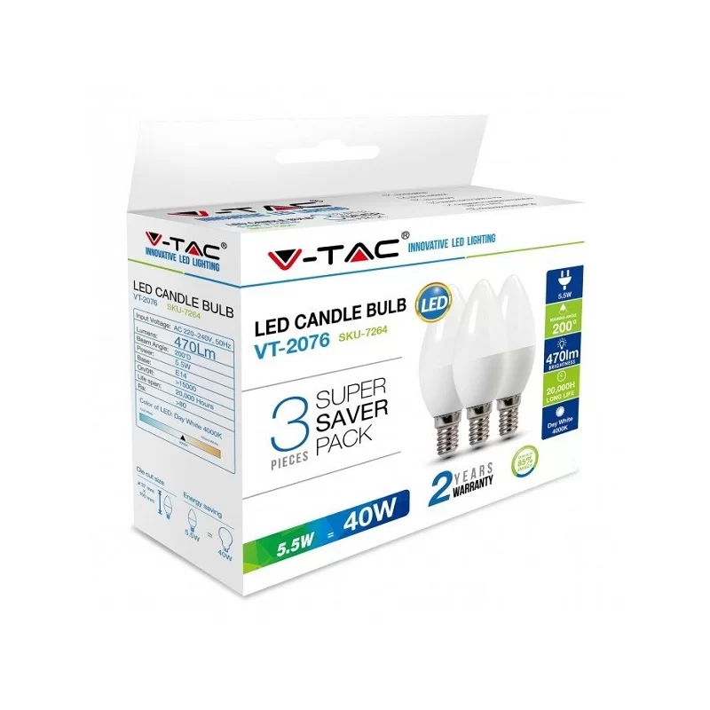 V-TAC VT-2076 SUPER SAVER PACK CONFEZIONE 3 LAMPADINE LED E14 5,5W CANDELA - SKU 7263 / 7264 / 7265 