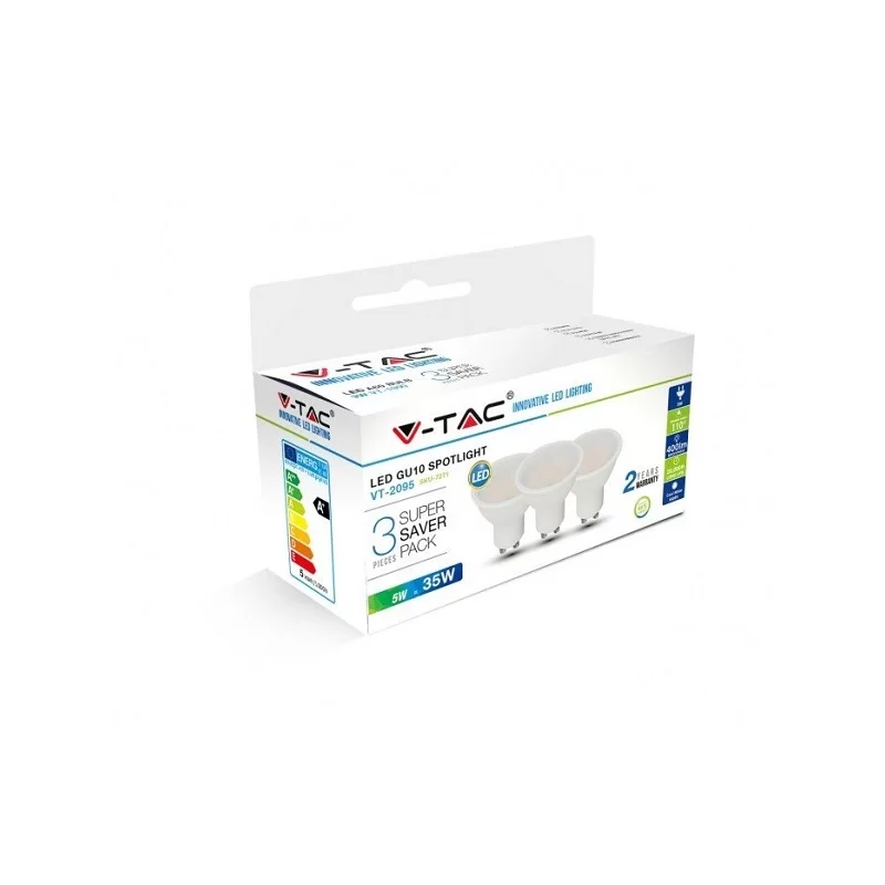 V-TAC VT-2095 SUPER SAVER PACK CONFEZIONE 3 FARETTI LED GU10 5W SPOTLIGHT - SKU 7269 / 7270 / 7271 