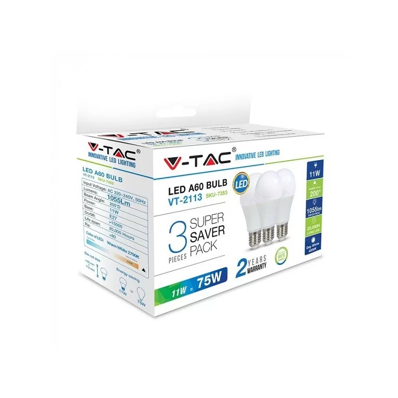 V-TAC VT-2113 SUPER SAVER PACK CONFEZIONE 3 LAMPADINE LED E27 11W BULB A60 - SKU 7352 / 7353 / 7354 