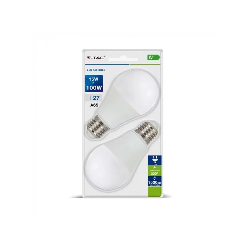 V-TAC VT-2117 DUO PACK CONFEZIONE 2 LAMPADINE LED E27 15W BULB A65 - SKU 7300 / 7301 / 7302 