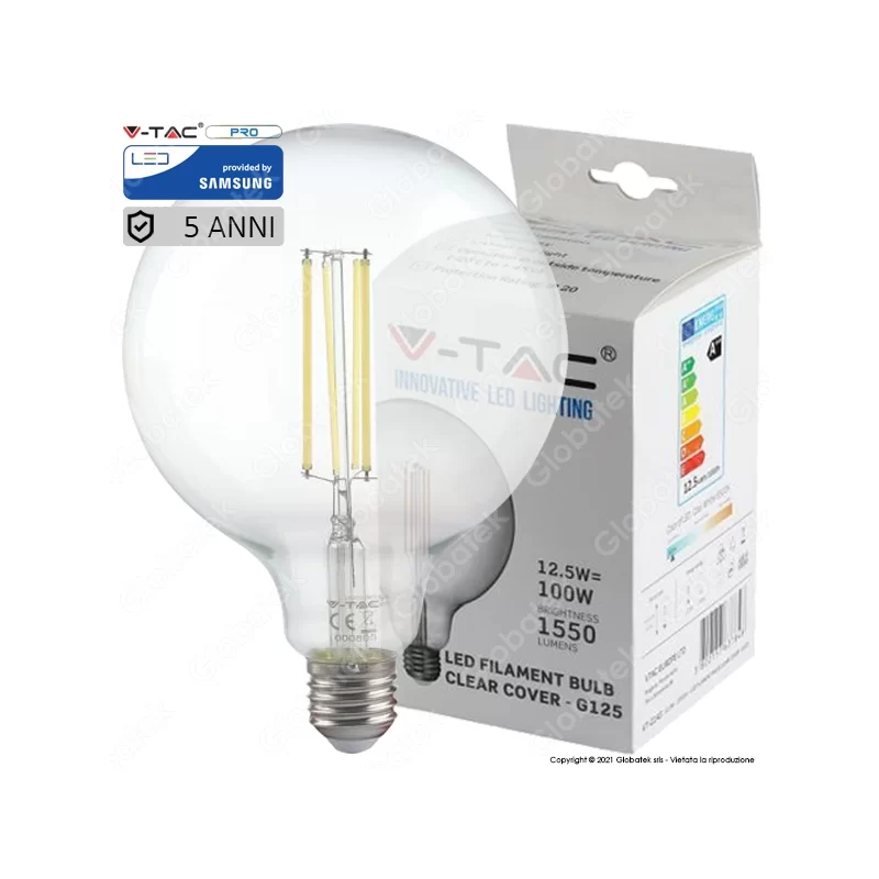 V-TAC VT-2143 LAMPADINA LED FILAMENT E27 12,5W GLOBO G125 - SKU 7453 / 7454 / 7455 