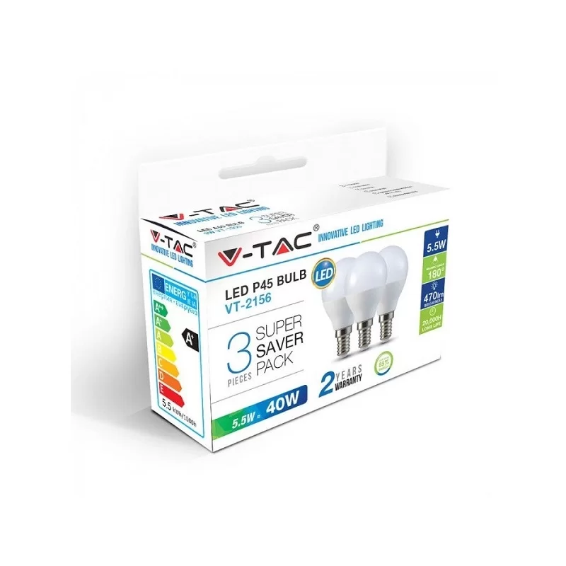 V-TAC VT-2156 SUPER SAVER PACK CONFEZIONE 3 LAMPADINE LED E14 5,5W MINIGLOBO - SKU 7357 / 7358 / 7359 