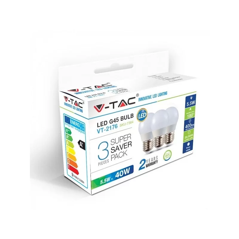 V-TAC VT-2176 SUPER SAVER PACK CONFEZIONE 3 LAMPADINE LED E27 5,5W MINIGLOBO G45 - SKU 7362 / 7363 / 7364 