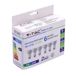 V-TAC VT-2225 SUPER SAVER PACK CONFEZIONE 6 FARETTI LED GU10 5W SPOTLIGHT 110° - SKU 2739 / 2740 / 2741 