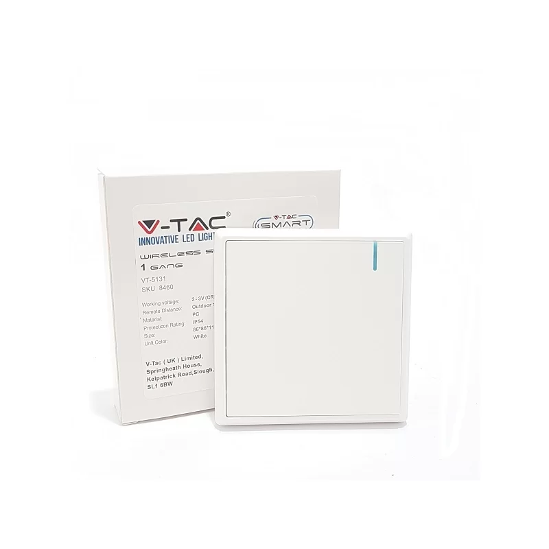 V-TAC VT-5131 INTERRUTTORE WIRELESS 1 GANG SENZA FILI CON LUCE LED IP54 - SKU 8460 