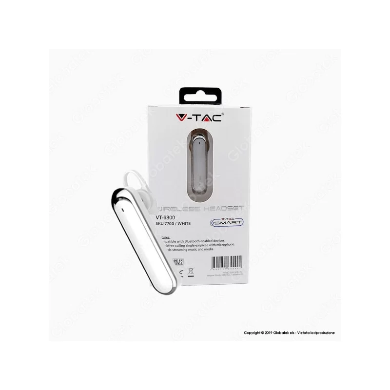 V-TAC VT-6800 AURICOLARE BLUETOOTH HEADSET COLORE BIANCO - SKU 7703 
