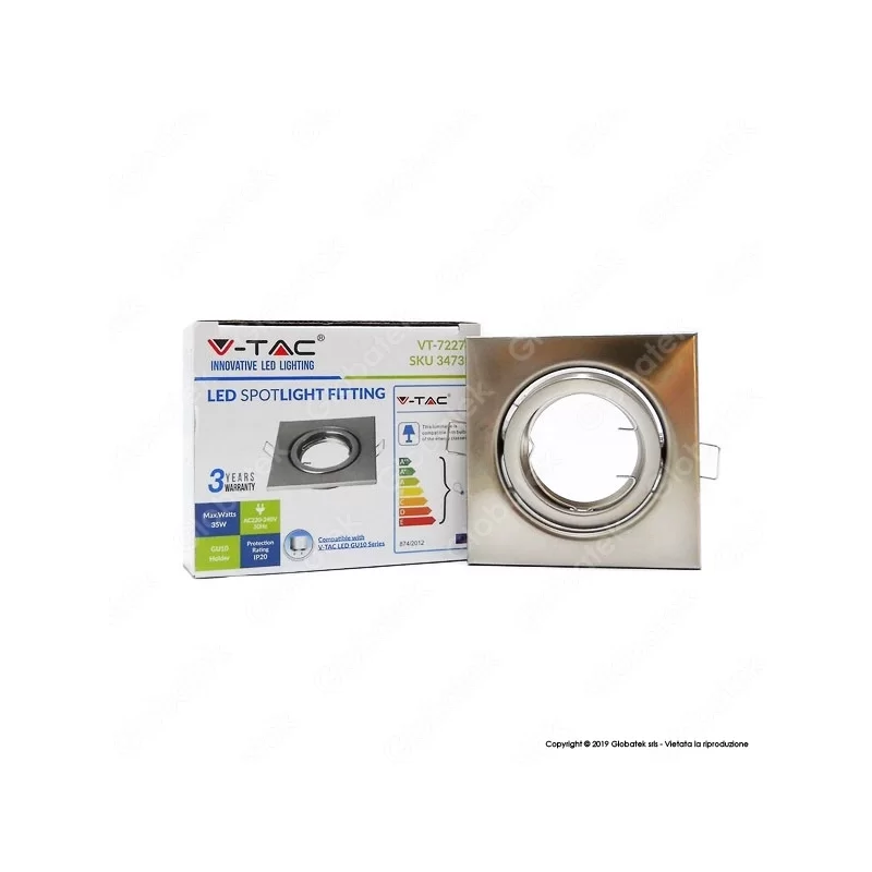 V-TAC VT-7227 PORTAFARETTO ORIENTABILE QUADRATO DA INCASSO PER LAMPADINE GU10 E GU5.3 - SKU 3473 