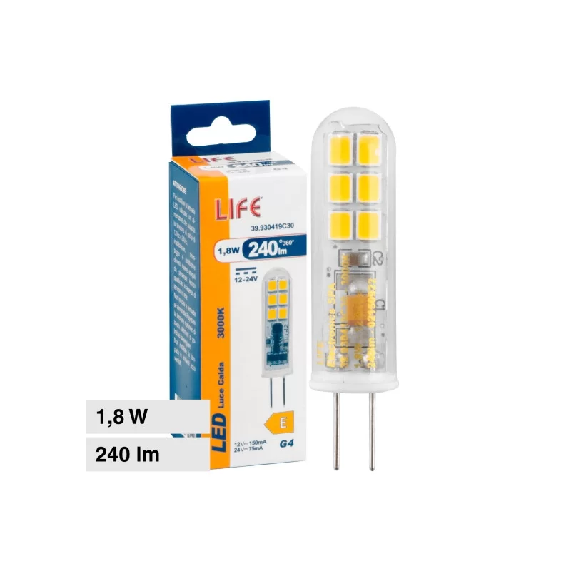 LIFE LAMPADINA LED G4 1,8W TUBOLARE SMD 12/24V IN VETRO TRASPARENTE - MOD. 39.930419C30 / 39.930419F65 