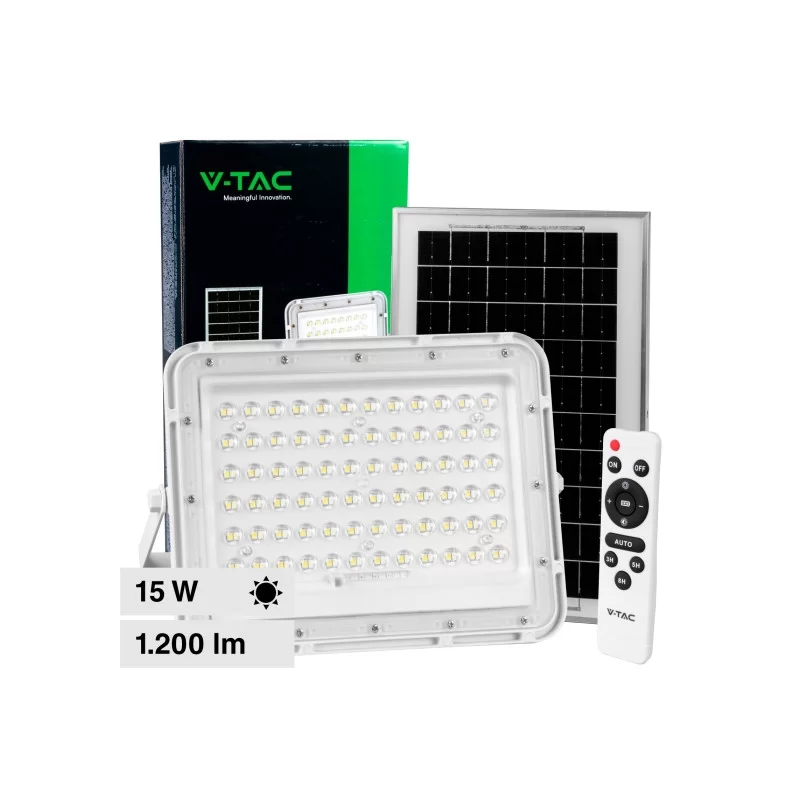 V-TAC VT-120W FARO LED FLOODLIGHT 15W IP65 COLORE BIANCO CON PANNELLO SOLARE E TELECOMANDO - SKU 7844 / 7843 