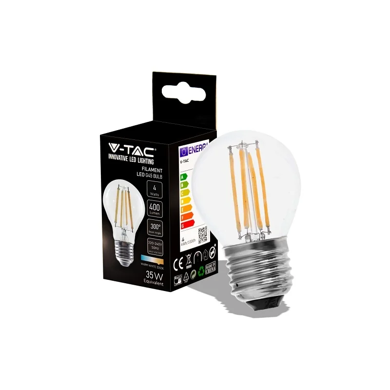V-TAC VT-1980 LAMPADINA LED E27 4W BULB G45 MINIGLOBO FILAMENT VETRO TRASPARENTE - SKU 214306 / 214428 