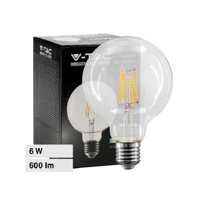 V-TAC VT-1983 LAMPADINA LED E27 6W BULB G125 GLOBO FILAMENT VETRO TRASPARENTE - SKU 214304 