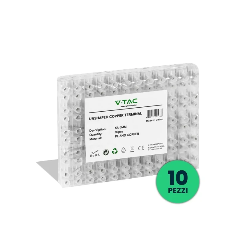 V-TAC MORSETTIERA DA 12 CONNETTORI PER CAVI ELETTRICI DA 5A E 5MM COLORE BIANCO - CONFEZIONE DA 10 PEZZI - SKU 11800 