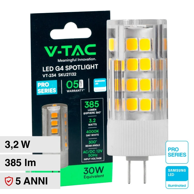 V-TAC PRO VT-234 LAMPADINA LED BISPINA G4 SPOTLIGHT 3.2W TUBOLARE SMD CHIP SAMSUNG - SKU 21131 / 21132 