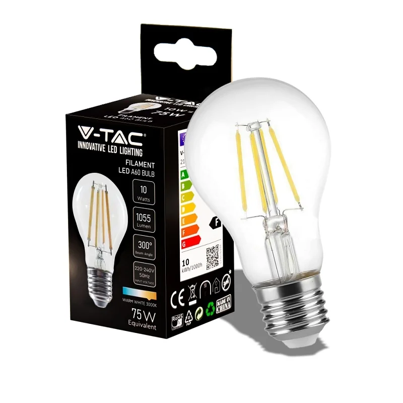 V-TAC VT-1981 LAMPADINA LED E27 10W BULB A60 GOCCIA FILAMENTO EXTRA LUNGO VETRO TRASPARENTE - SKU 214410 / 214411 / 214412 