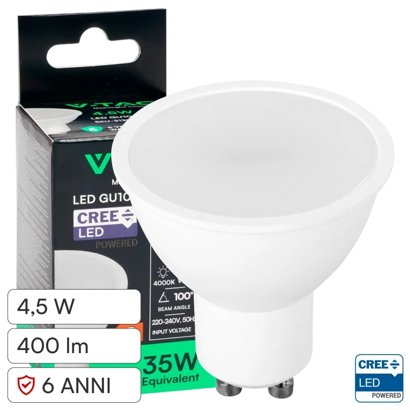 V-TAC VT-205 LAMPADINA LED GU10 4,5W FARETTO PAR16 SMD CHIP CREE - SKU 21201-6 / 21202-6 / 21203-6 