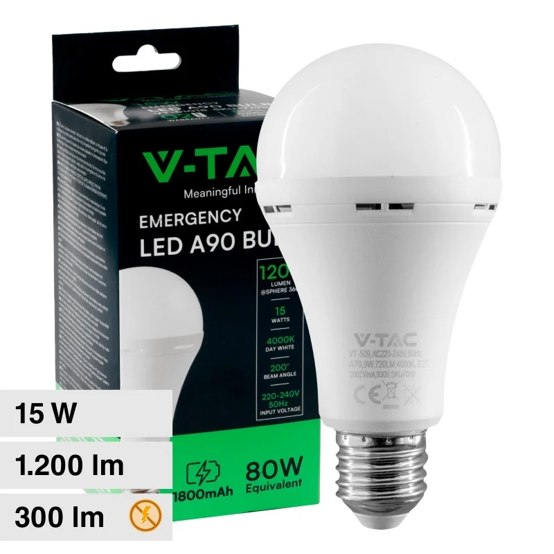 V-TAC VT-51015 LAMPADINA LED E27 15W GOCCIA A90 SMD LUCE EMERGENZA ANTI BLACK-OUT - SKU 7795 