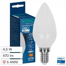 V-TAC VT-1855 LAMPADINA LED E14 4,5W CANDELA C37 SMD CHIP CREE - SKU 21421516 / 21425816 / 21424116 