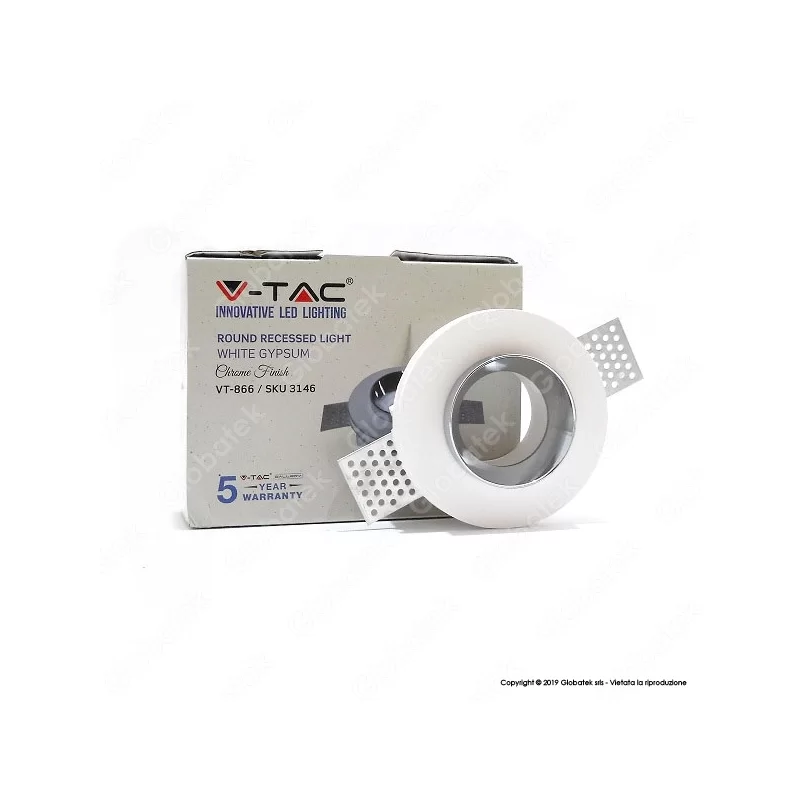 V-TAC VT-866 PORTAFARETTO ROTONDO DA INCASSO IN GESSO FINITURA CROMATA PER LAMPADINE GU10 E GU5.3 - SKU 3146 