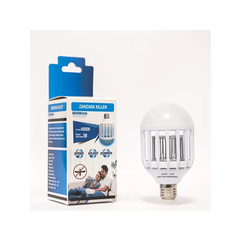 ZANZARA KILLER LAMPADINA LED E27 1W BULB CON LUCE BLU ATTIRA ED ELIMINA ZANZARE 