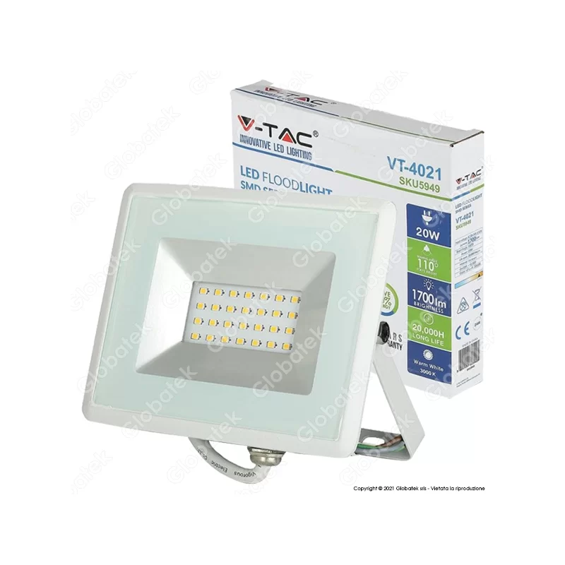 V-TAC VT-4021 E-SERIES FARO LED SMD 20W ULTRA SOTTILE DA ESTERNO COLORE BIANCO - SKU 5949 / 5950 / 5951 