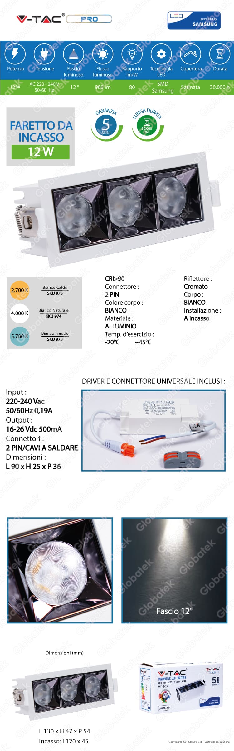 V-TAC PRO VT-2-12 FARETTO LED SMD 12W DA INCASSO RETTANGOLARE 12° CRI-90 CHIP SAMSUNG