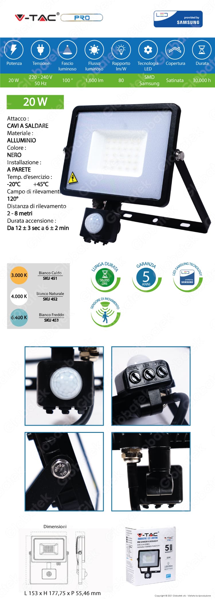 V-TAC PRO VT-20-S FARETTO LED 20W ULTRA SOTTILE SLIM CHIP SAMSUNG CON SENSORE COLORE NERO