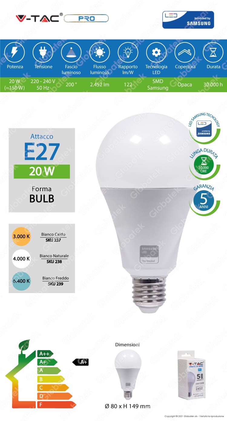 V-TAC PRO VT-233 LAMPADINA LED E27 20W BULB A80 CHIP SAMSUNG