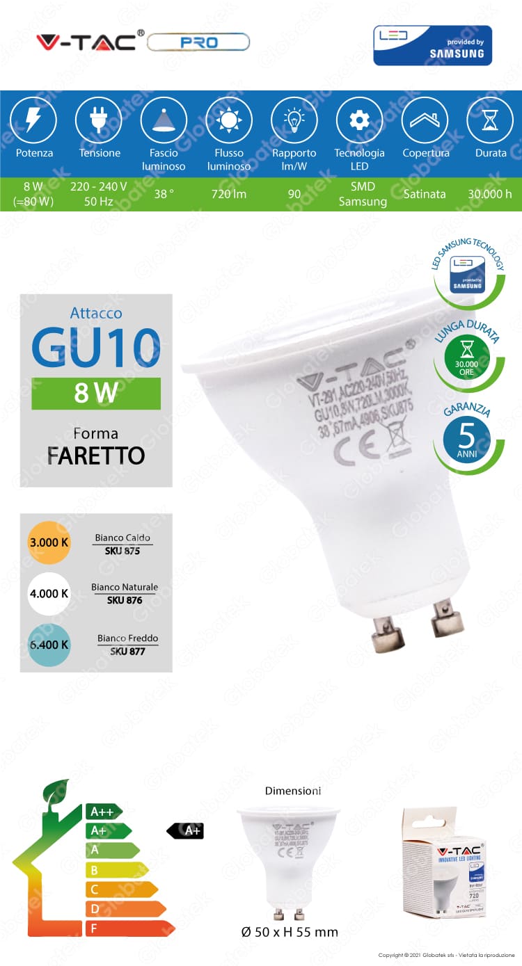 V-TAC PRO VT-291 LAMPADINA LED GU10 8W FARETTO SPOTLIGHT CHIP SAMSUNG