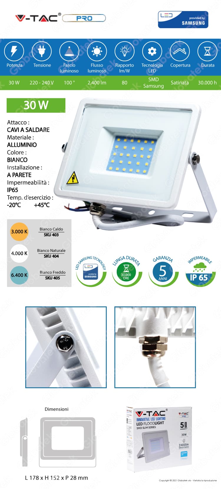 V-TAC PRO VT-30 FARO LED SMD 30W ULTRASOTTILE CHIP SAMSUNG DA ESTERNO COLORE BIANCO