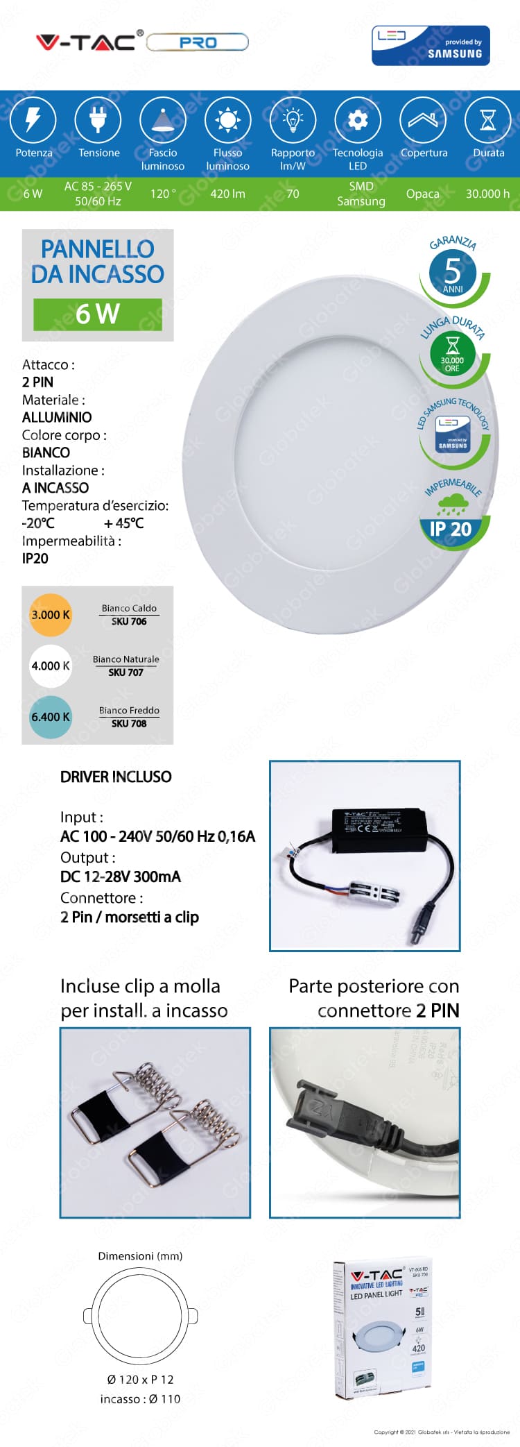 V-TAC PRO PANNELLO LED VT-606 RD ROTONDO 6W CHIP SAMSUNG