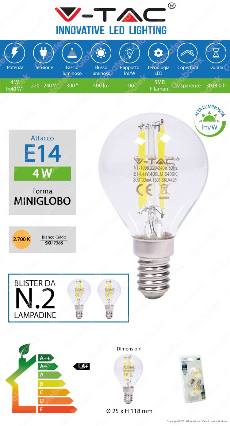 V-TAC VT-2184 DUO PACK CONFEZIONE 2 LAMPADINE LED E14 4W MINIGLOBO CROSS FILAMENT