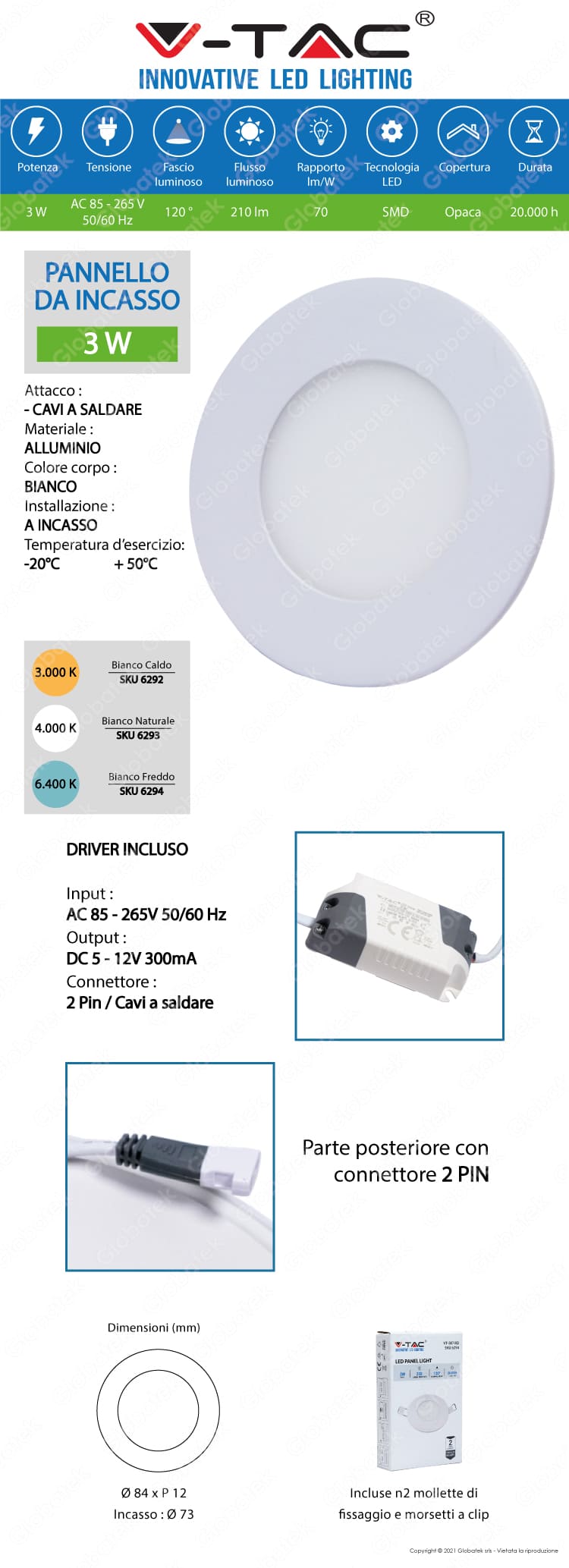 V-TAC VT-307RD PANNELLO LED ROTONDO 3W SMD DA INCASSO CON DRIVER - SKU 6292 6293 6294