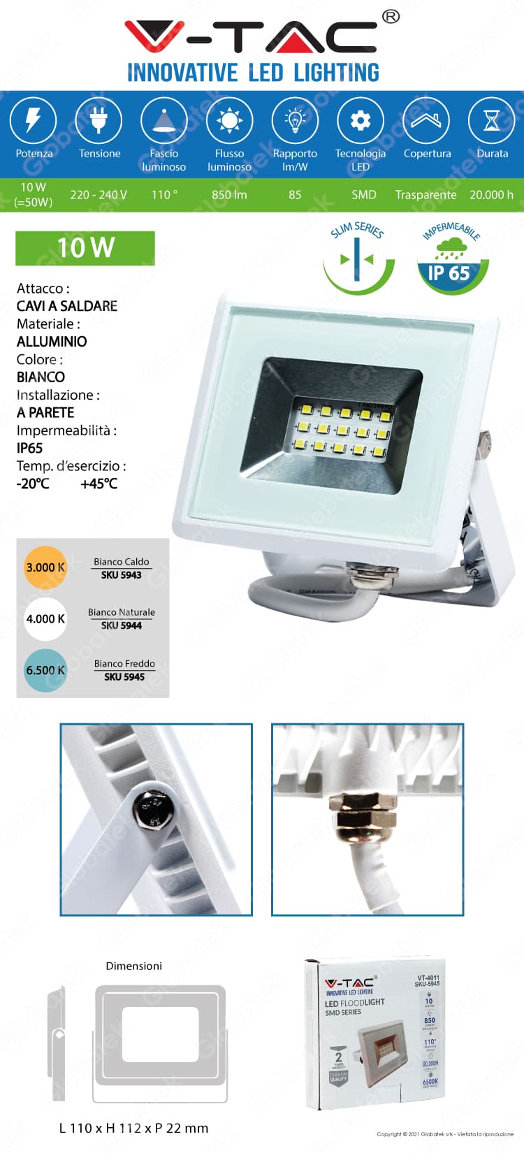 V-TAC VT-4011 E-SERIES FARO LED SMD 10W ULTRA SOTTILE DA ESTERNO COLORE BIANCO