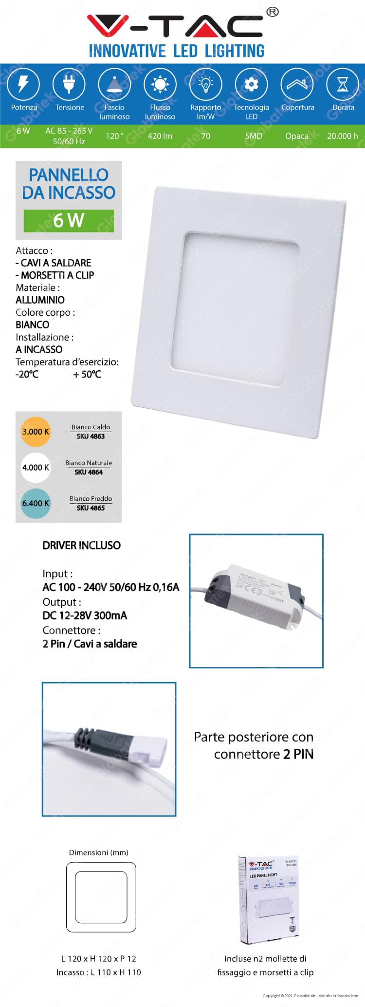 V-TAC PANNELLO LED VT-607SQ QUADRATO 6W SMD