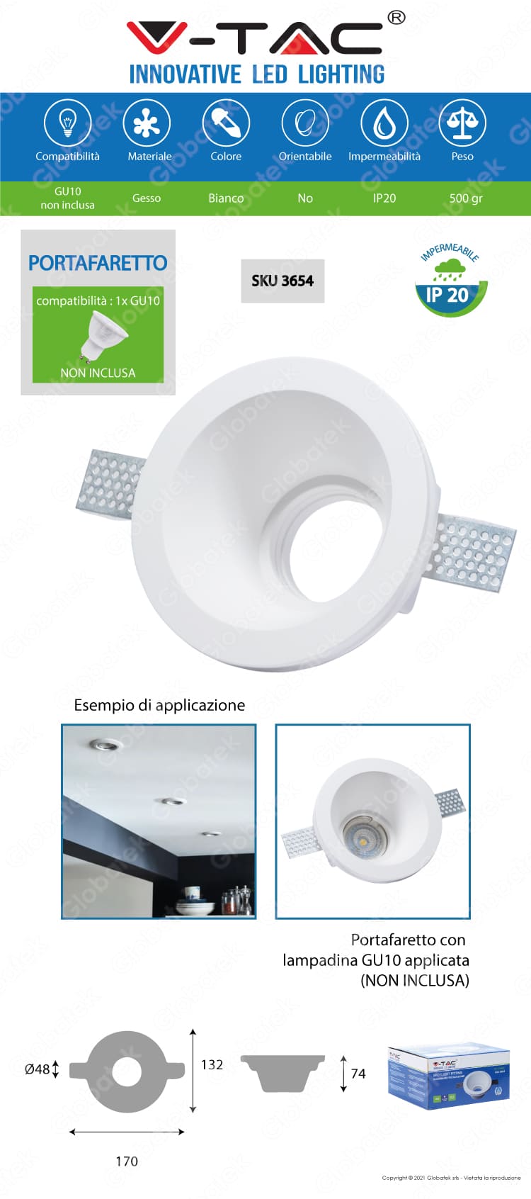 V-TAC VT-773RD PORTAFARETTO ROTONDO DA INCASSO IN GESSO PER LAMPADINE GU10 E GU5.3 - SKU 3654