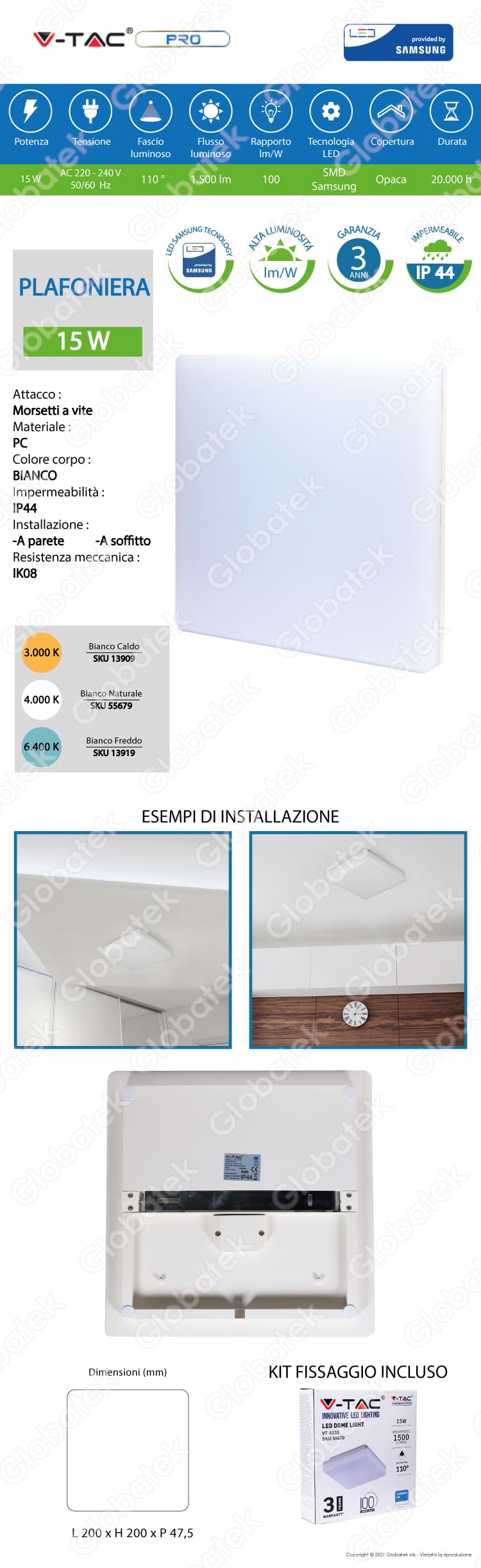 V-TAC PLAFONIERA LED VT-8033SQ 15W FORMA QUADRATA