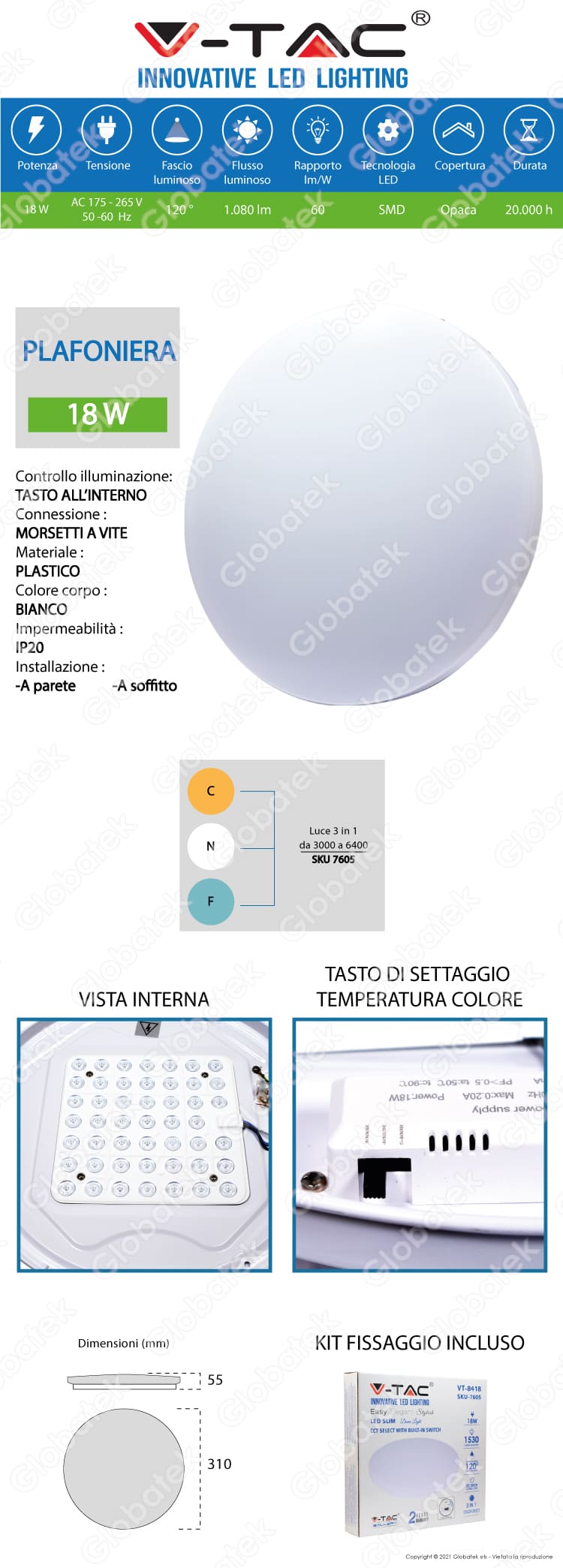 V-TAC VT-8418 PLAFONIERA LED 18W CHANGING COLOR 3IN1 FORMA CIRCOLARE COPERTURA OPACA
