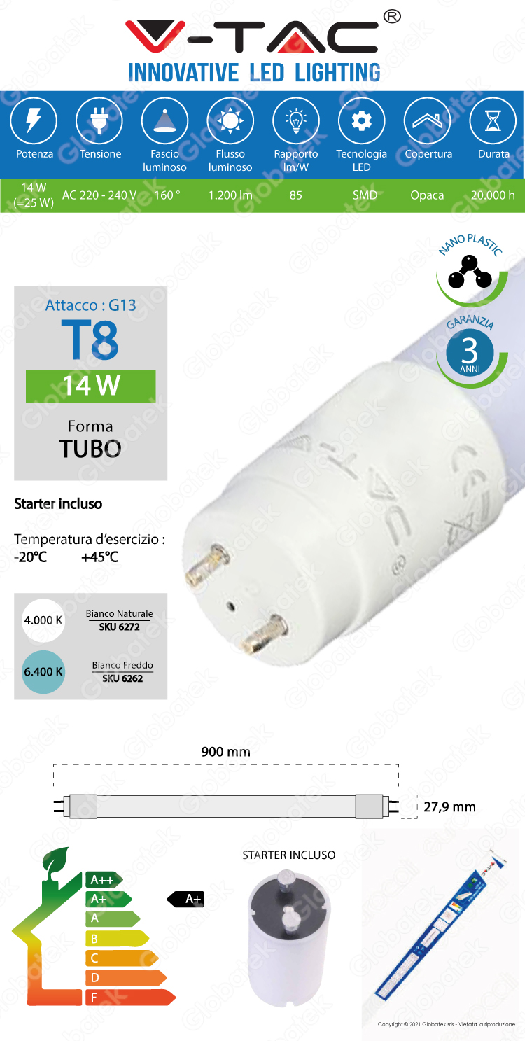 V-TAC VT-9077 SMD TUBO LED NANO PLASTIC T8 G13 14W LAMPADINA 90CM