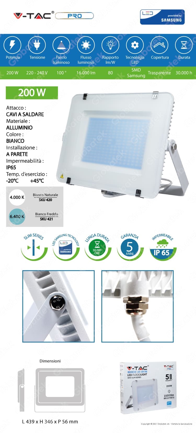 v-tac faro led vt-200 superslim chip samsung 200w ip65